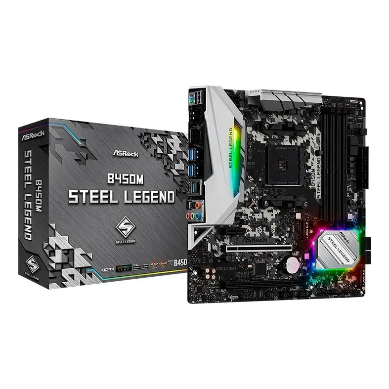 PLACA MÃE ASROCK B450M STEEL LEGEND, CHIPSET B450, AMD AM4, MATX, DDR4 - Imagem do Produto