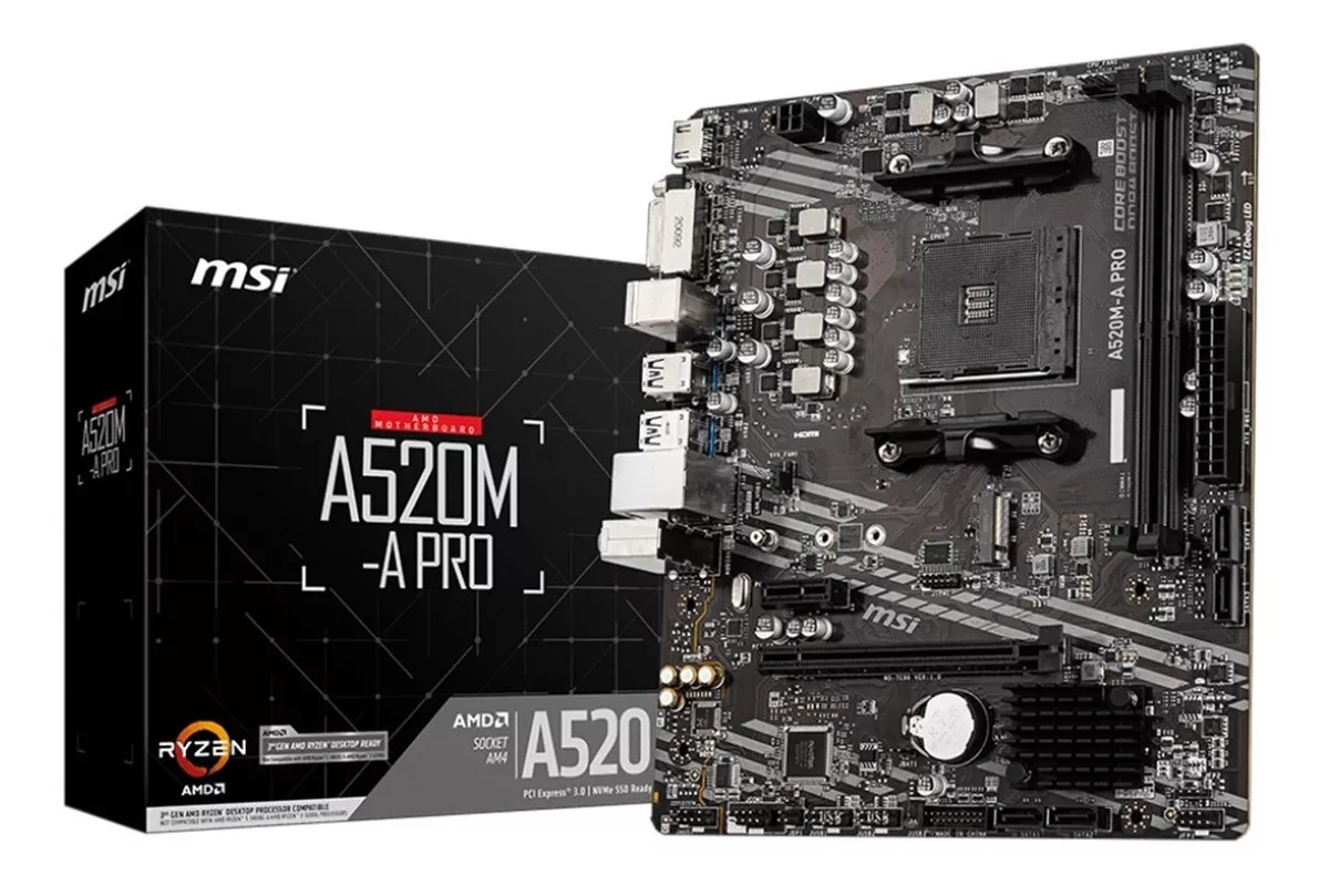 Placa Mãe Am4 Msi A520M-A Pro, Ddr4 64Gb, M2/Nvme, Hdmi, Dvi, Áudio 7.1 - Imagem do Produto