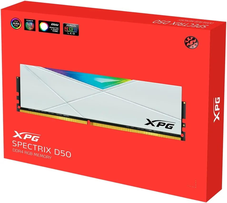 Memória Desktop Ddr4 08Gb/3200 Mhz Adata Xpg Spectrix D50, Cl 16, 1.35V, Ax4U32008G16A-Sw50, Rgb, Branco - Imagem do Produto